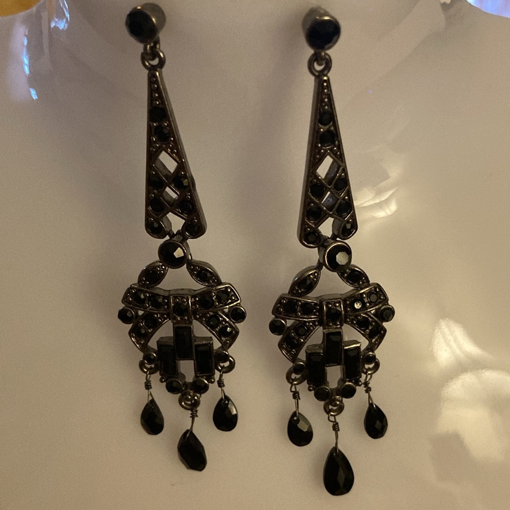 Polished Faceted Black Glass Crystal Beaded Chandelier Pierced Earrings